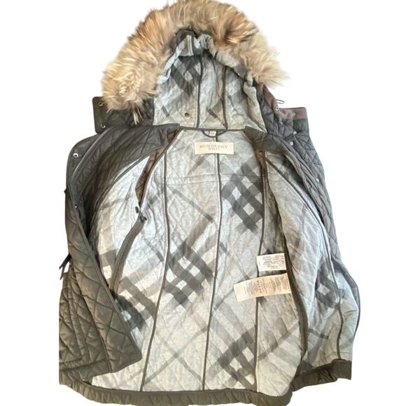 BURBERRY BRIT OLIVE GREEN QUILTED Lansdowne TOGGLE COAT XS W/ REMOVABLE FUR TRIM - Picture 11 of 12